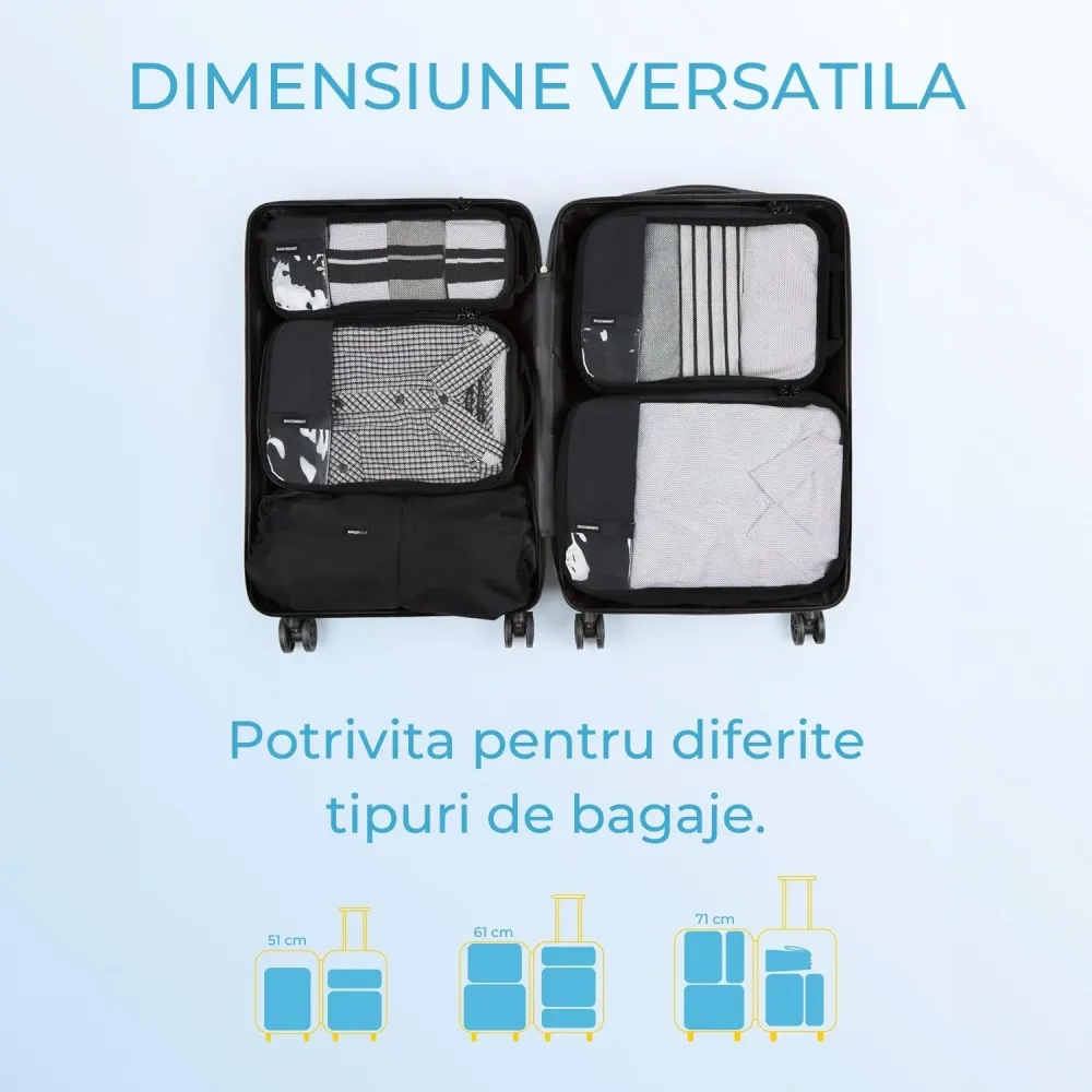 Set 6 Cuburi de Compresie Elindor® pentru Organizarea Bagajului – Negru, Accesorii Ușoare și Durabile pentru Călătorii
