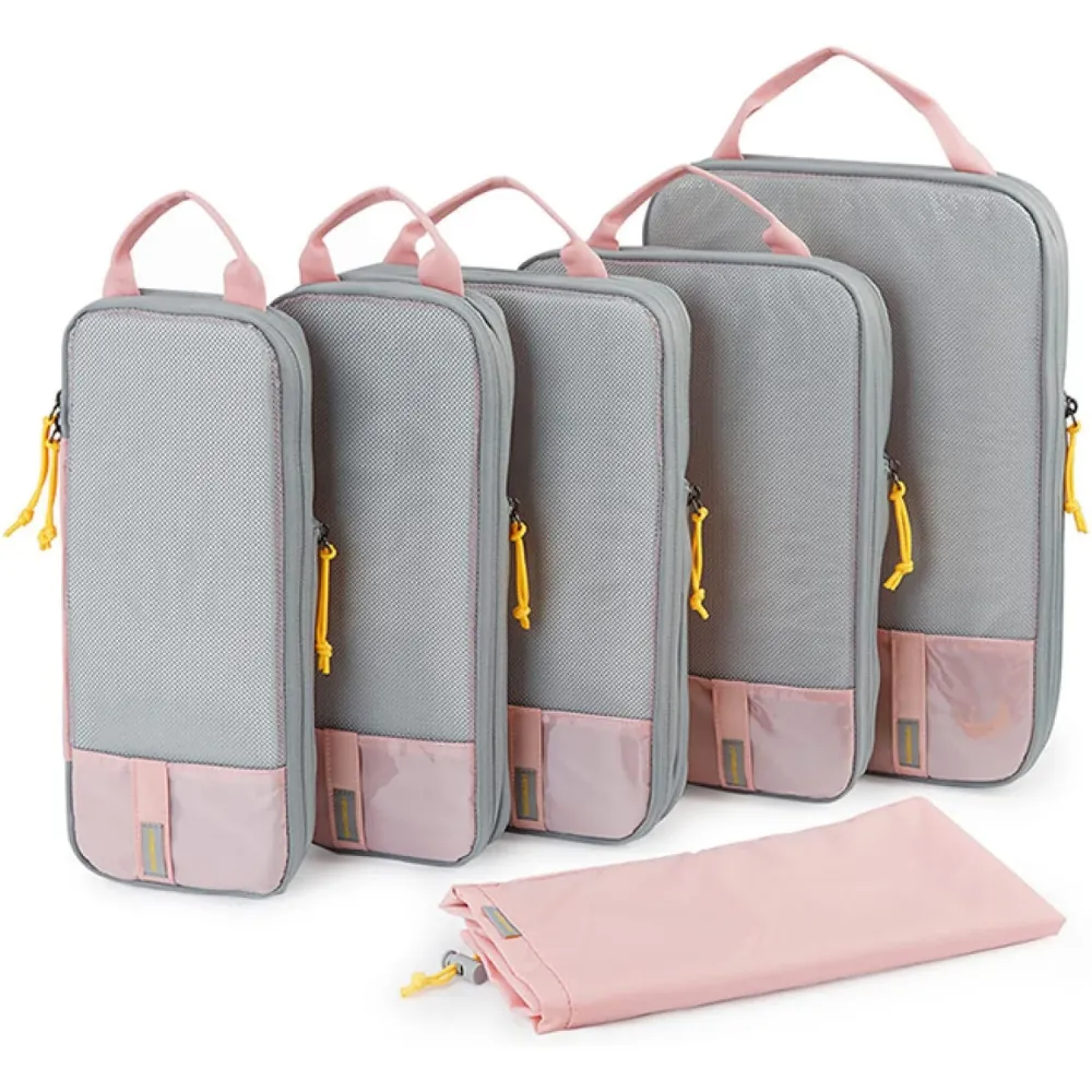Set 6 Cuburi de Compresie Elindor® pentru Organizarea Bagajului – Roz, Accesorii Ușoare și Durabile pentru Călătorii