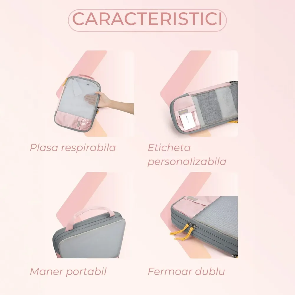 Set 6 Cuburi de Compresie Elindor® pentru Organizarea Bagajului – Roz, Accesorii Ușoare și Durabile pentru Călătorii
