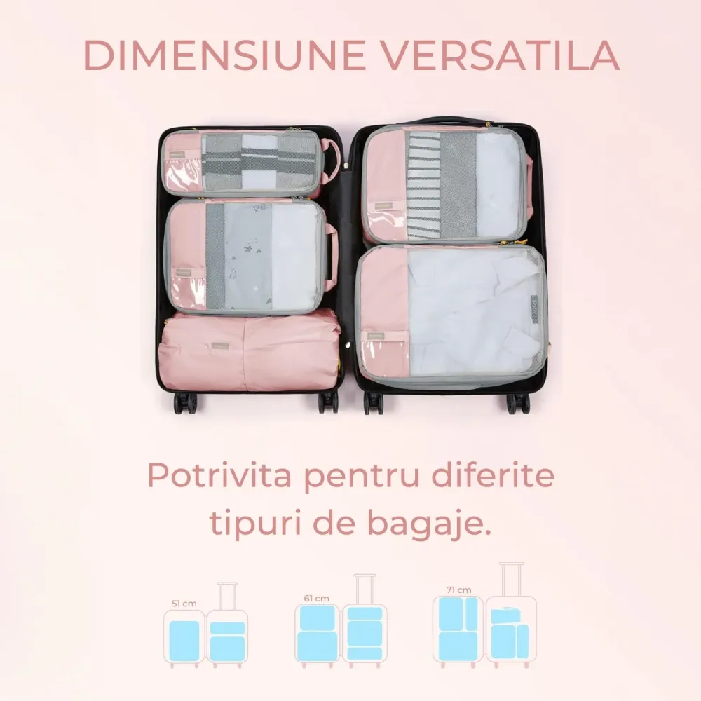 Set 6 Cuburi de Compresie Elindor® pentru Organizarea Bagajului – Roz, Accesorii Ușoare și Durabile pentru Călătorii