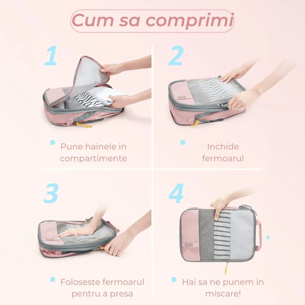 Set 6 Cuburi de Compresie Elindor® pentru Organizarea Bagajului – Roz, Accesorii Ușoare și Durabile pentru Călătorii