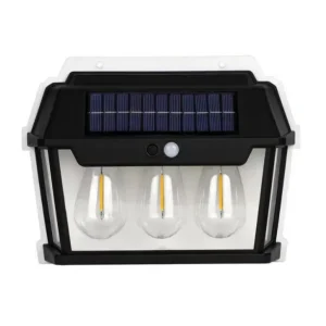Lampa solară de perete cu 3 becuri LED, 3 moduri de funcționare, 38W, 600Lm, senzor de mișcare, IP65, negru