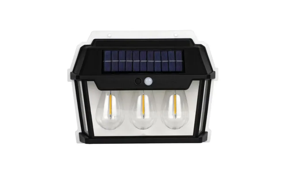 Lampa solară de perete cu 3 becuri LED, 3 moduri de funcționare, 38W, 600Lm, senzor de mișcare, IP65, negru