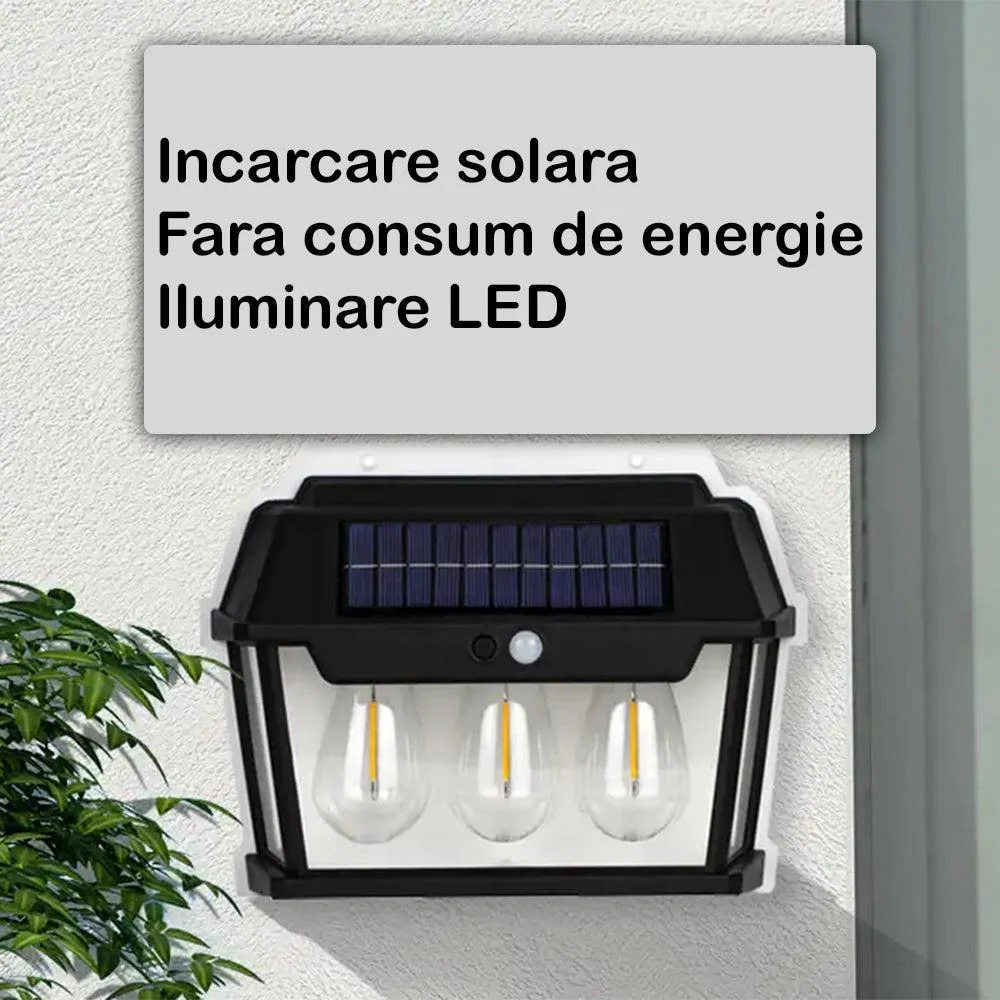 Lampa solară de perete cu 3 becuri LED, 3 moduri de funcționare, 38W, 600Lm, senzor de mișcare, IP65, negru