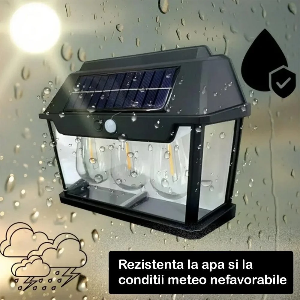 Lampa solară de perete cu 3 becuri LED, 3 moduri de funcționare, 38W, 600Lm, senzor de mișcare, IP65, negru