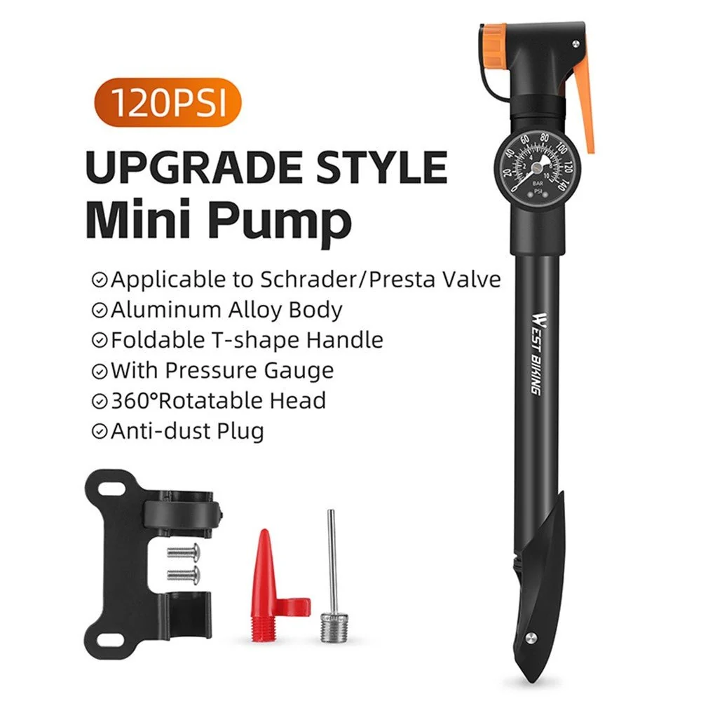 Pompa mini portabilă pentru bicicletă cu manometru