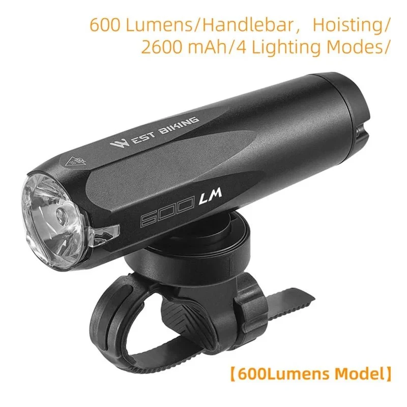 Far de bicicletă multifuncțional cu detectare luminii 600 lumeni Type-C