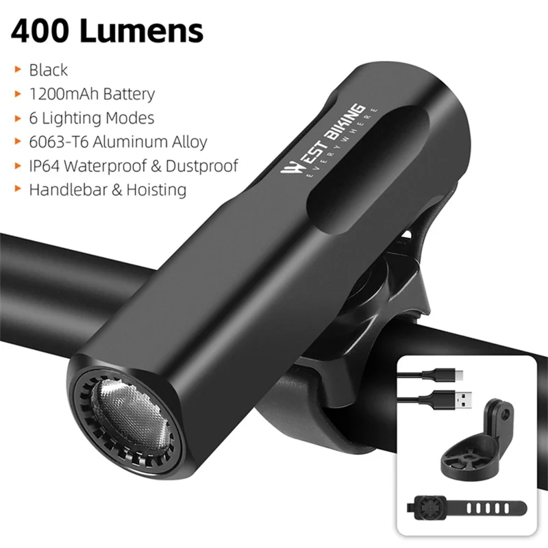 Far frontal luminos pentru bicicletă 400LM din aliaj de aluminiu - Negru