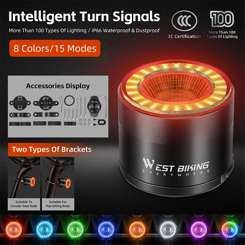 Lumină LED inteligentă WEST BIKING YP0701420, detecție, culoare, avertizor MTB
