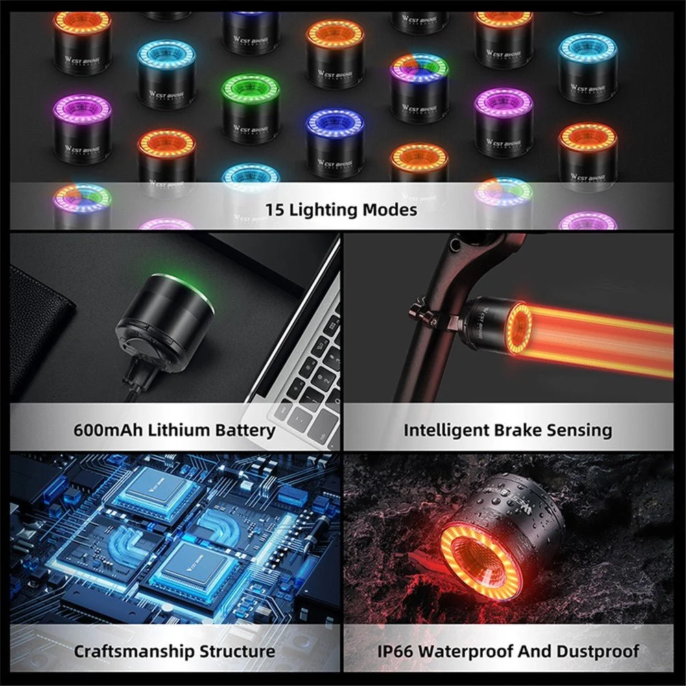 Lumină LED inteligentă WEST BIKING YP0701420, detecție, culoare, avertizor MTB