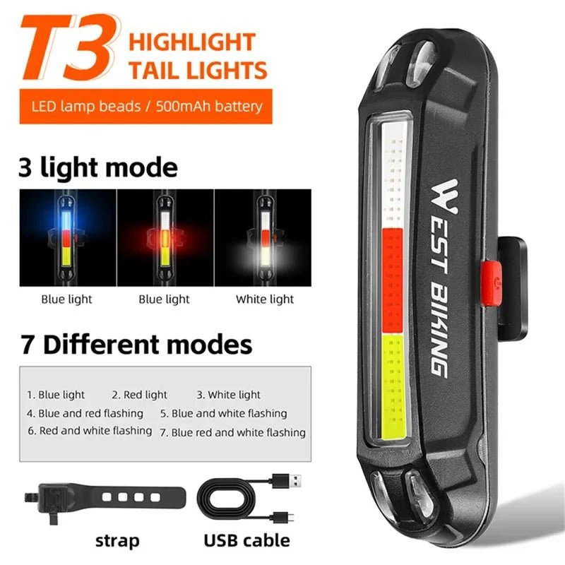 Lumină spate pentru bicicletă LED luminoasă USB, lampă de avertizare pentru ciclism - T3
