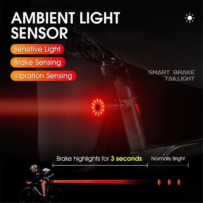 Lumină spate pentru bicicletă LED reîncărcabilă USB cu inducție de frână inteligentă