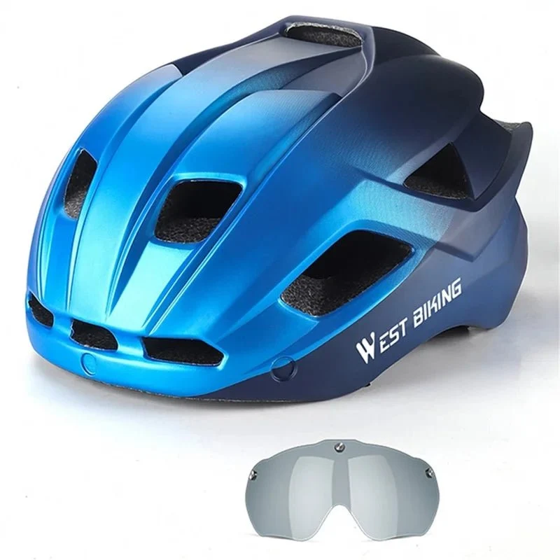 Cască de bicicletă ușoară cu ochelari magnetici integrați - Albastru