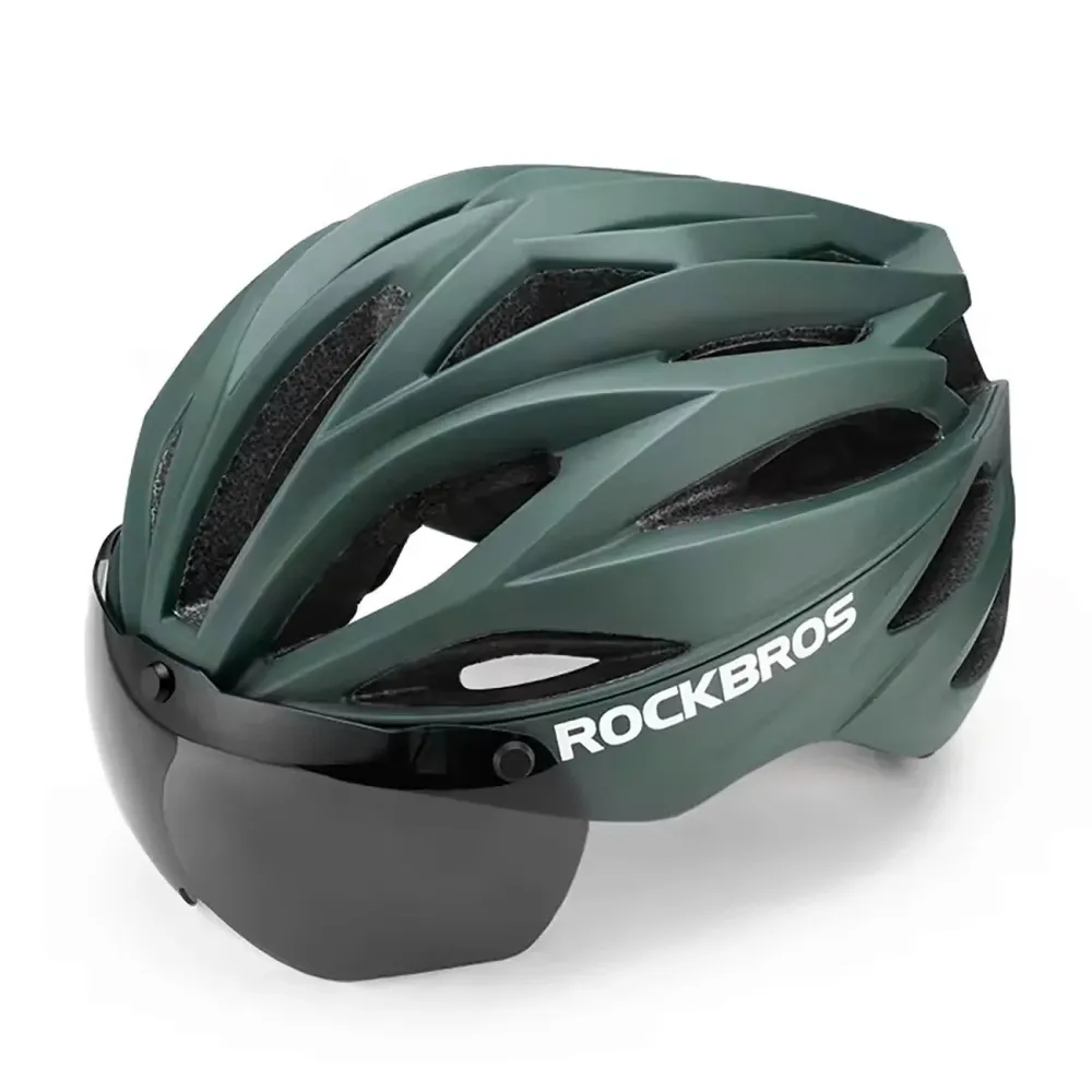 Casca de bicicletă Rockbros cu vizieră și ochelari de protecție UV Verde