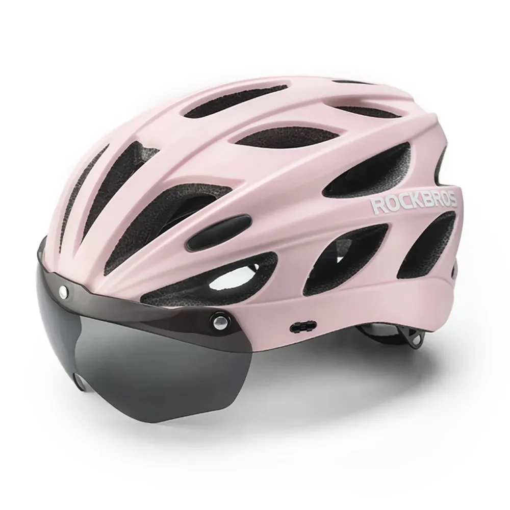 Casca de bicicletă Rockbros cu vizieră și ochelari de protecție UV roz