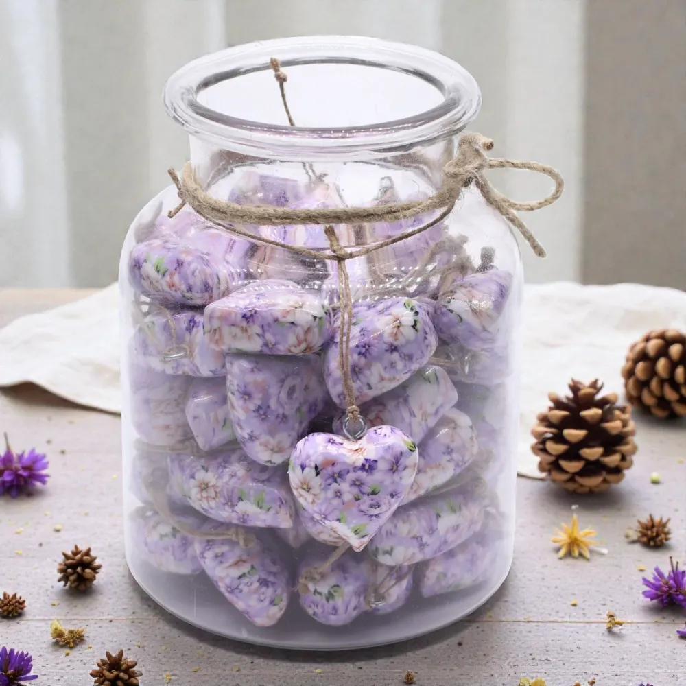 Inimi mari din lemn pentru decor – Floare mov
