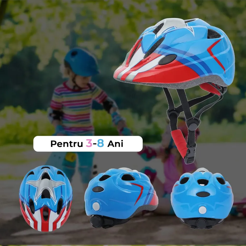 Set protecție copii 7 în 1, cască reglabilă, genunchiere, cotiere, mărime S, albastru