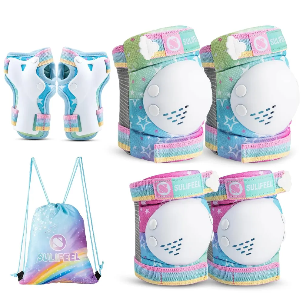 Set de Protecție Genunchiere, Cotiere, Aparatori Incheieturi, Reglabil, Pentru Copii cu Design Unicorn Curcubeu, Potrivit...