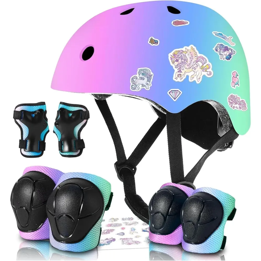 Set Protecție pentru Copii 7 în 1, Cască Reglabilă, Genunchiere, Cotiere și Apărători Încheieturi, Multicolor, 3-14 Ani, X...