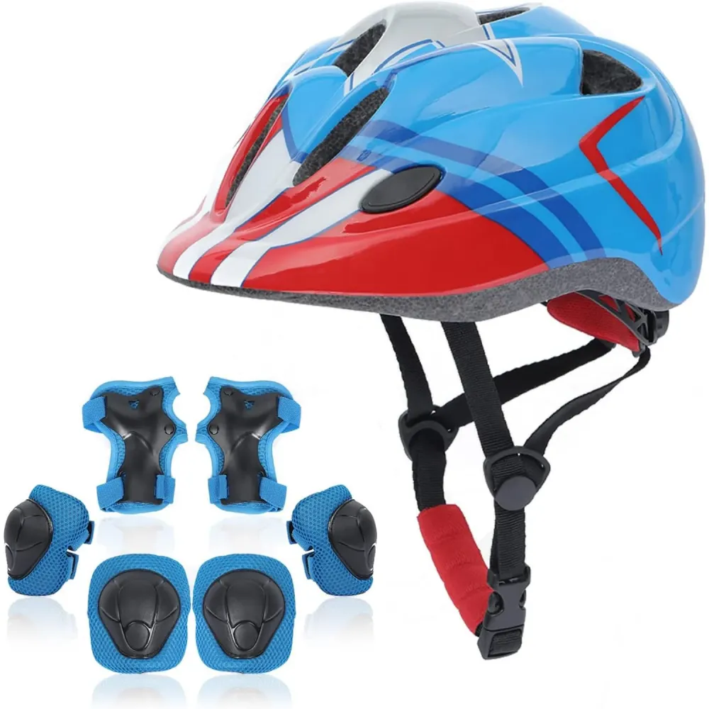 Set Protectie Pentru Copii 7 1, Casca cu Marime Reglabila, Genunchiere, Cotiere si Aparatori Incheieturi, Multicolor, 3-8...