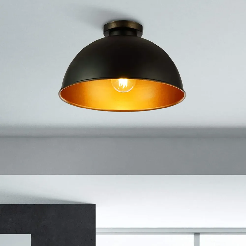 Plafoniera retro cu abajur, LED, E27, 60 W, rotunda, metal, negru/auriu, design vintage, diametru 31 cm