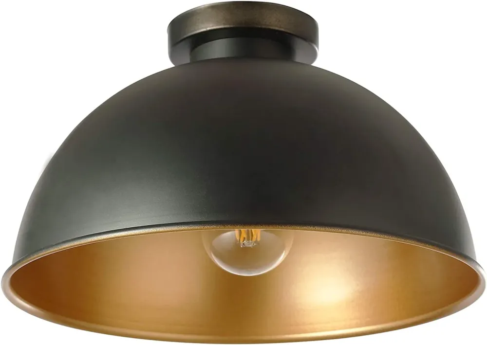 Plafoniera retro cu abajur, LED, E27, 60 W, rotunda, metal, negru/auriu, design vintage, diametru 31 cm