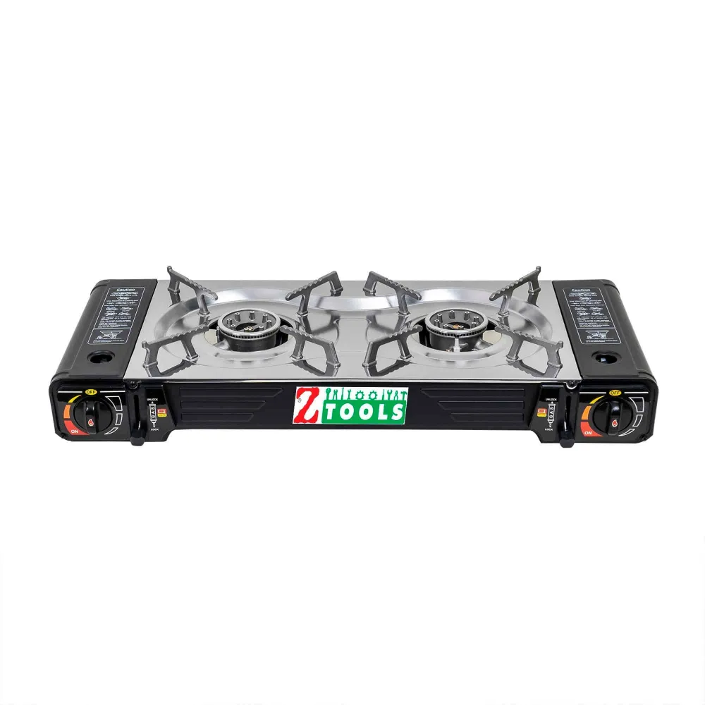 Aragaz camping cu 2 ochiuri, aprindere electrica, putere 2x2.5kw, din inox cu tava gril si cutie de transportat / ZTS 5619