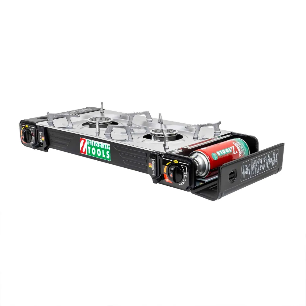 Aragaz camping cu 2 ochiuri, aprindere electrica, putere 2x2.5kw, din inox cu tava gril si cutie de transportat / ZTS 5619