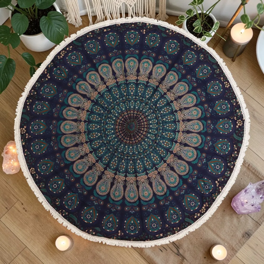 Artă Mandala Rotundă Mică din Bumbac (130cm) - Albastru Păun
