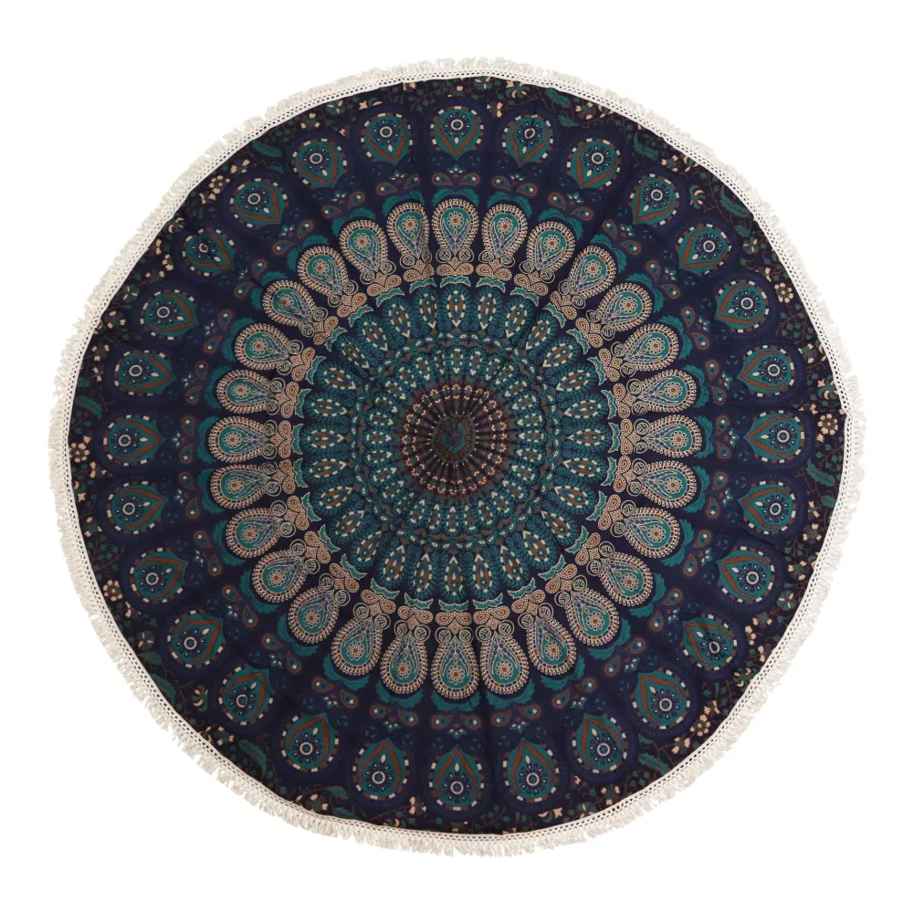 Artă Mandala Rotundă Mică din Bumbac (130cm) - Albastru Păun