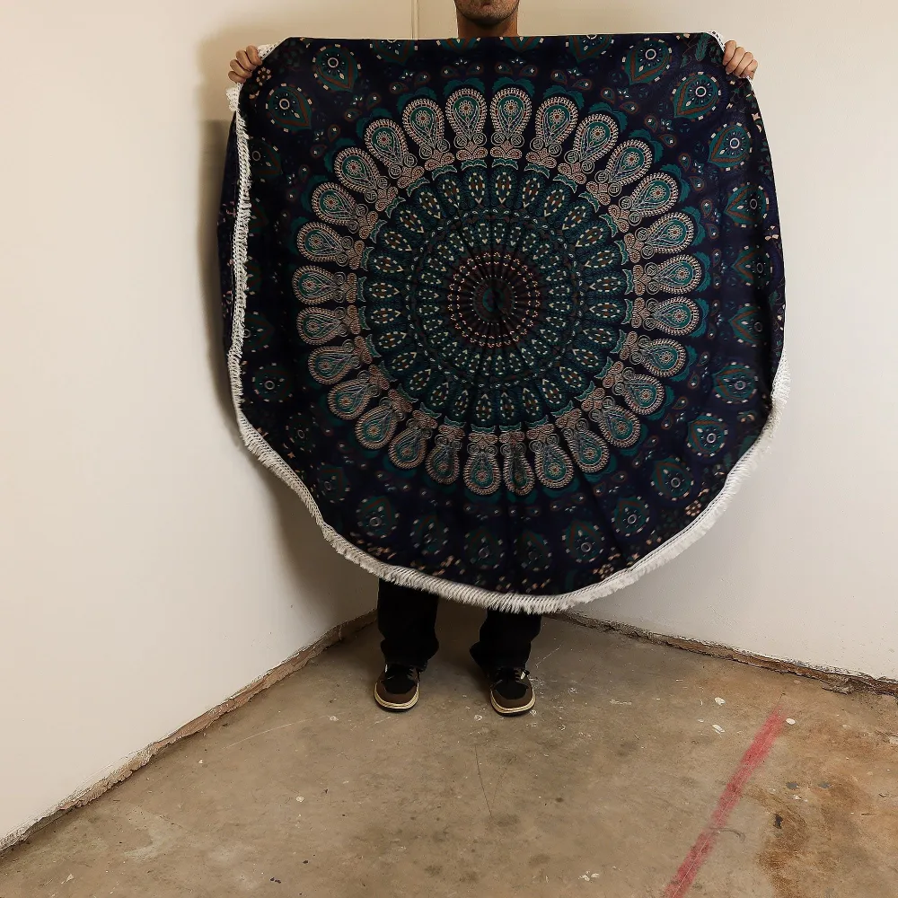 Artă Mandala Rotundă Mică din Bumbac (130cm) - Albastru Păun