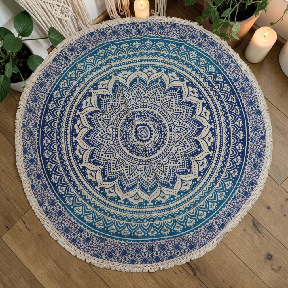 Mandala mică rotundă din bumbac Art (130cm) - Albastru clasic