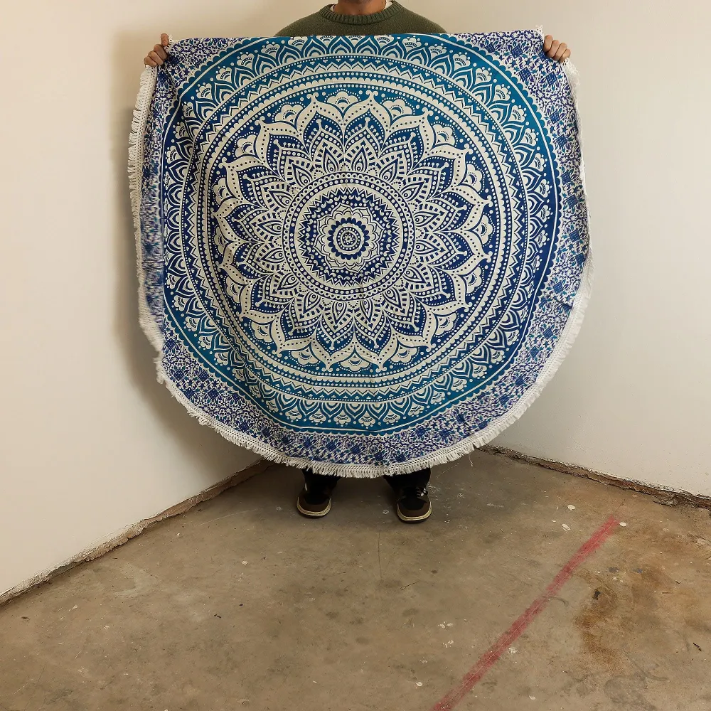 Mandala mică rotundă din bumbac Art (130cm) - Albastru clasic
