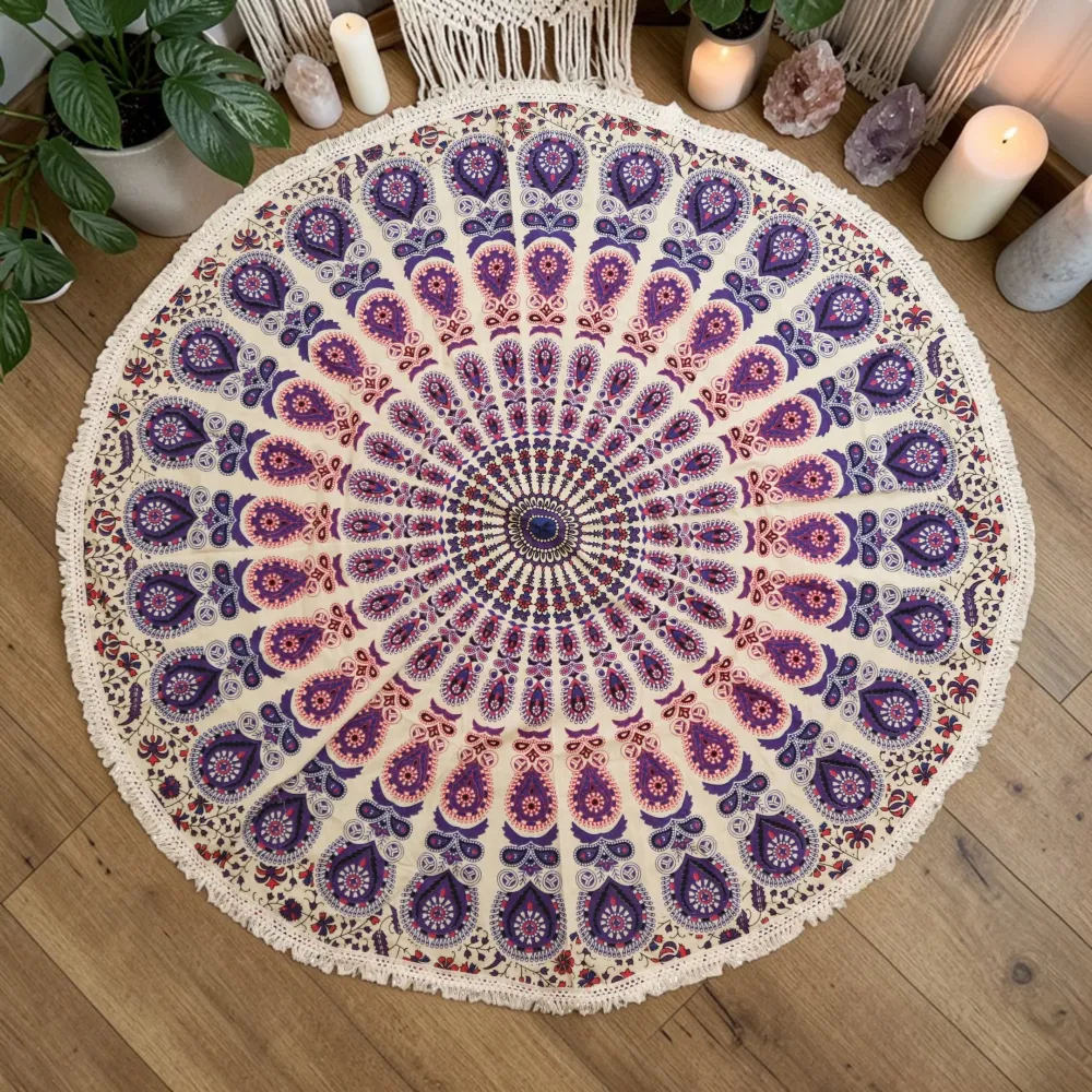 Mandala mică rotundă din bumbac Art (130cm) - Purpuriu păun
