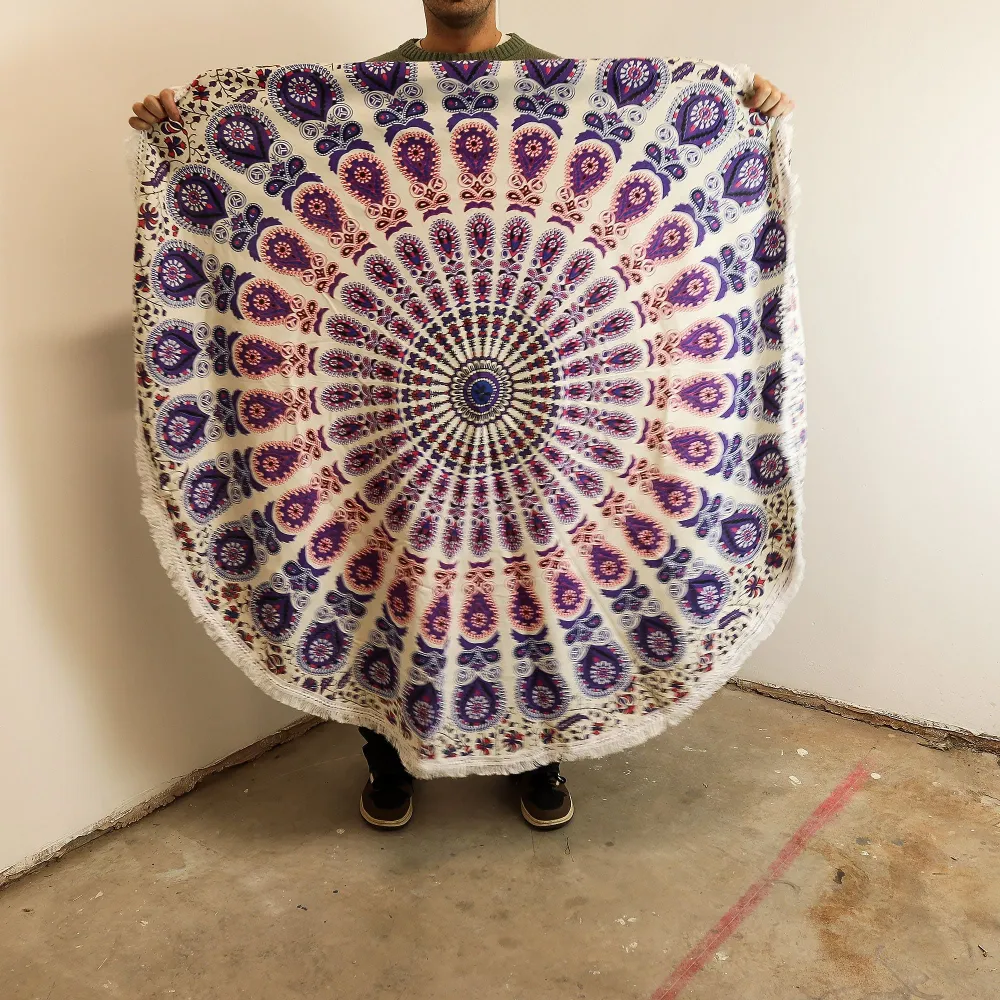 Mandala mică rotundă din bumbac Art (130cm) - Purpuriu păun