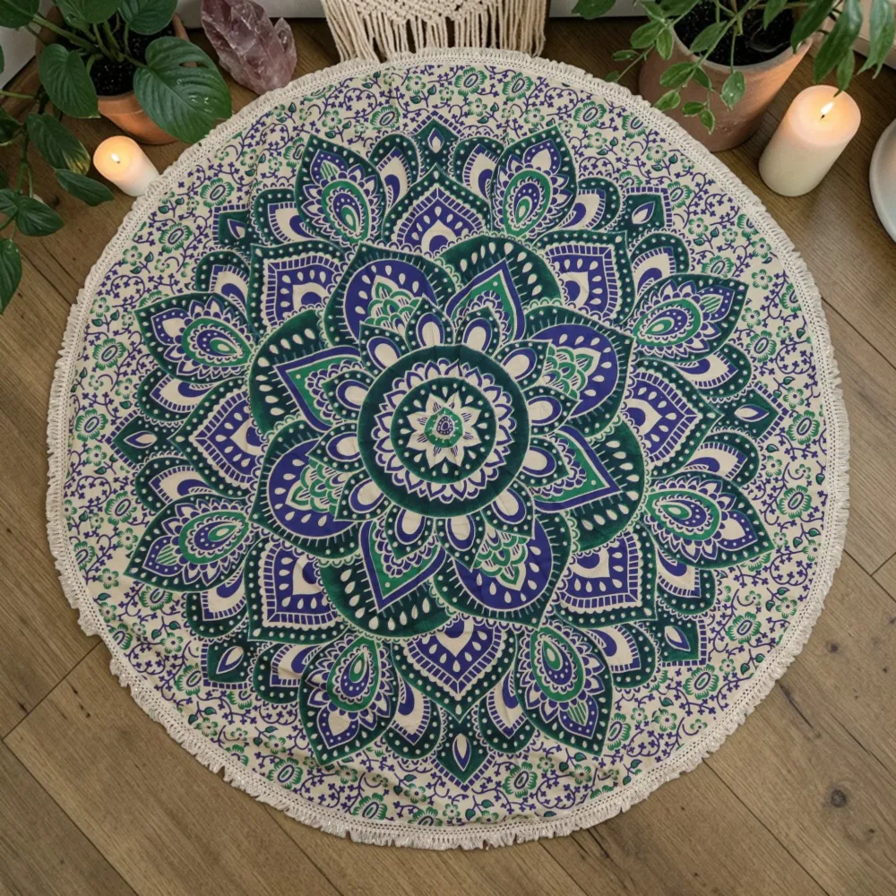 Mandala mică rotundă din bumbac artizanal (130 cm) - Teal și albastru