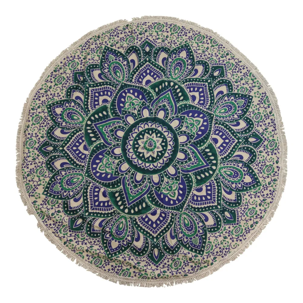 Mandala mică rotundă din bumbac artizanal (130 cm) - Teal și albastru
