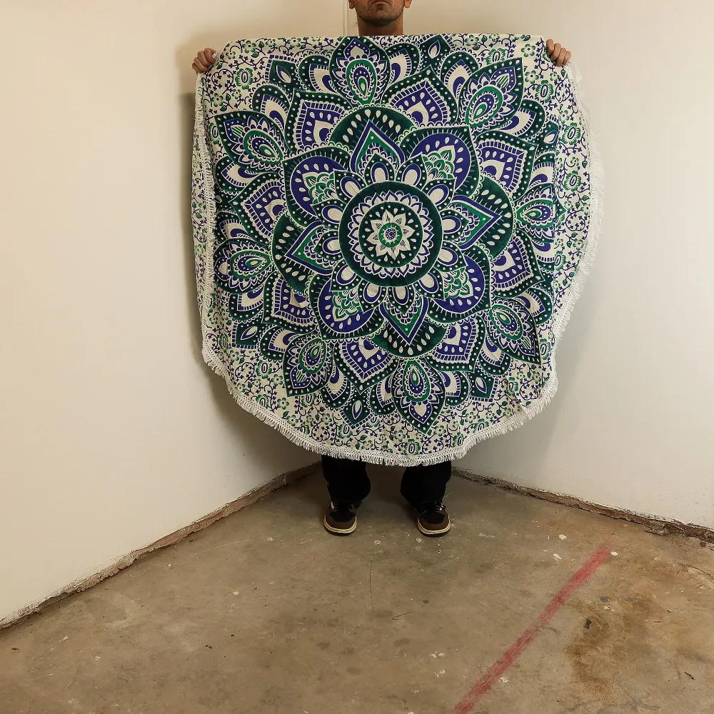 Mandala mică rotundă din bumbac artizanal (130 cm) - Teal și albastru