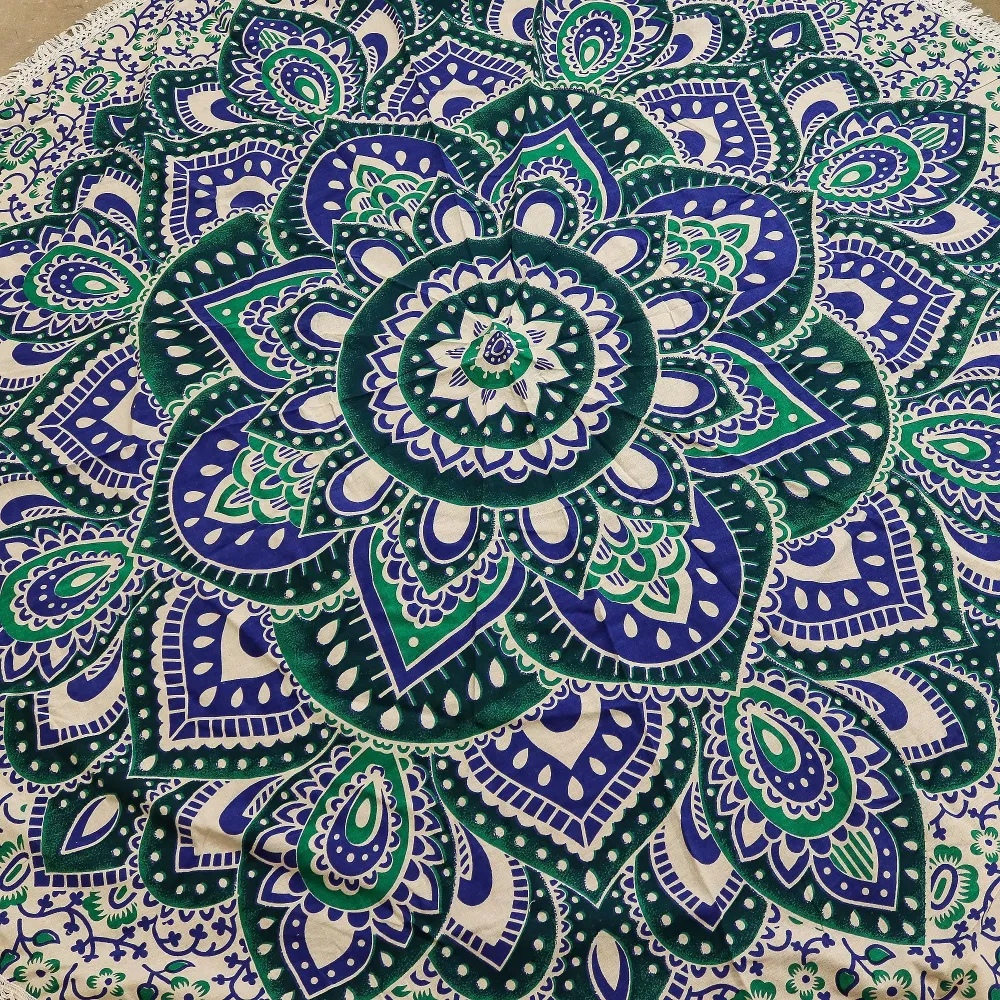 Mandala mică rotundă din bumbac artizanal (130 cm) - Teal și albastru