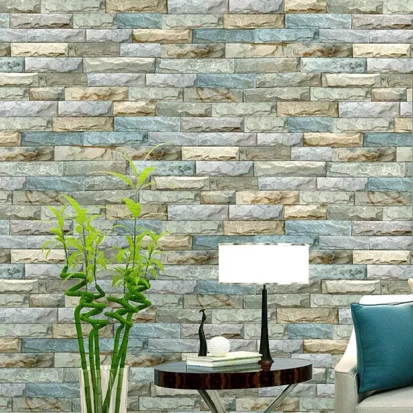 Set 10x Tapet 3D autoadeziv pentru interior, 77*70 cm caramizi crem cu verde, spuma moale