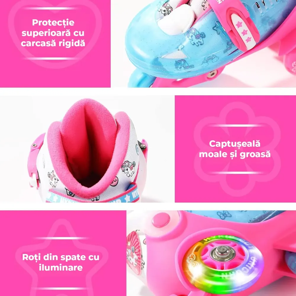 Role Reglabile Elindor® pentru Copii, Fete si Baieti, 4 Roti cu Lumini, Platforma Triunghi, Ajutatoare pentru Incepatori,...