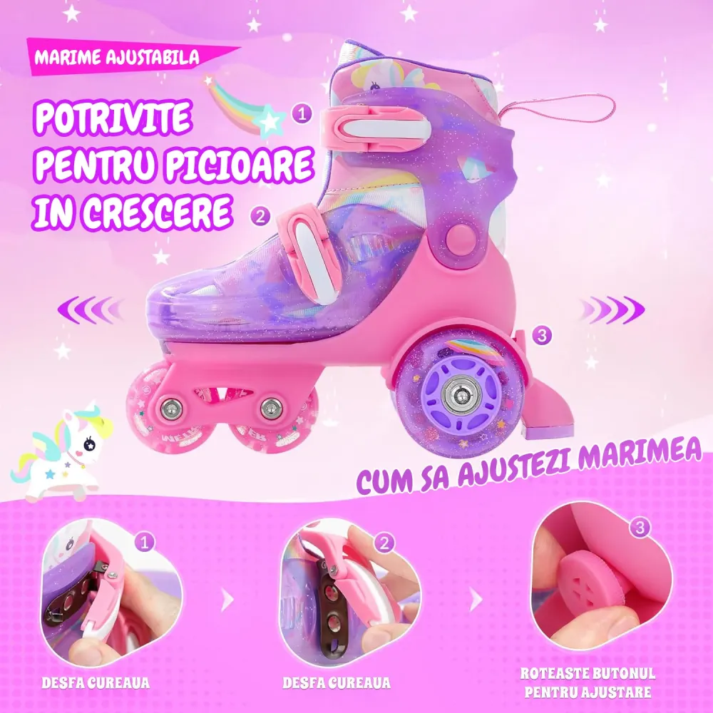 Role Reglabile Elindor® pentru Copii, Fete si Baieti, 4 Roti cu Lumini, Platforma Triunghi, Ajutatoare pentru Incepatori,...