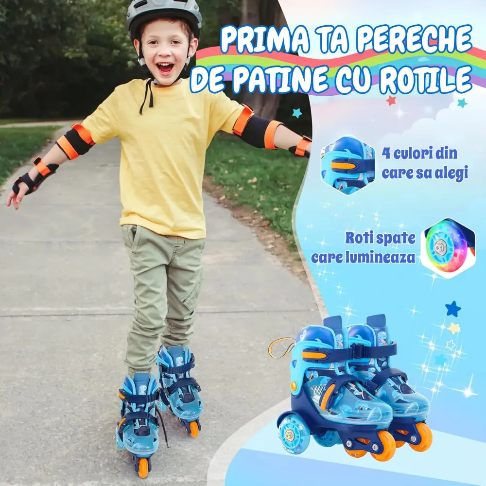 Role Reglabile Elindor® pentru Copii, Fete si Baieti, 4 Roti cu Lumini, Platforma Triunghi, Ajutatoare pentru Incepatori,...