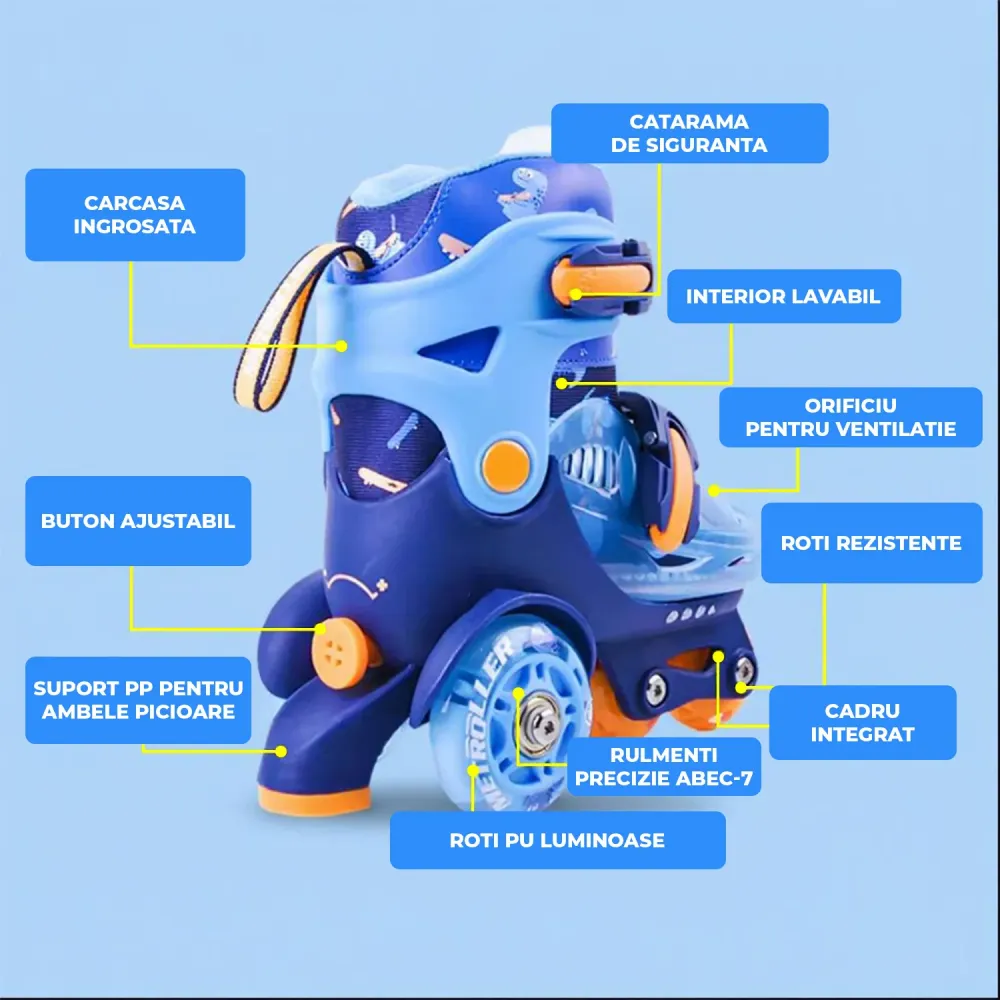 Role Reglabile Elindor® pentru Copii, Fete si Baieti, 4 Roti cu Lumini, Platforma Triunghi, Ajutatoare pentru Incepatori,...