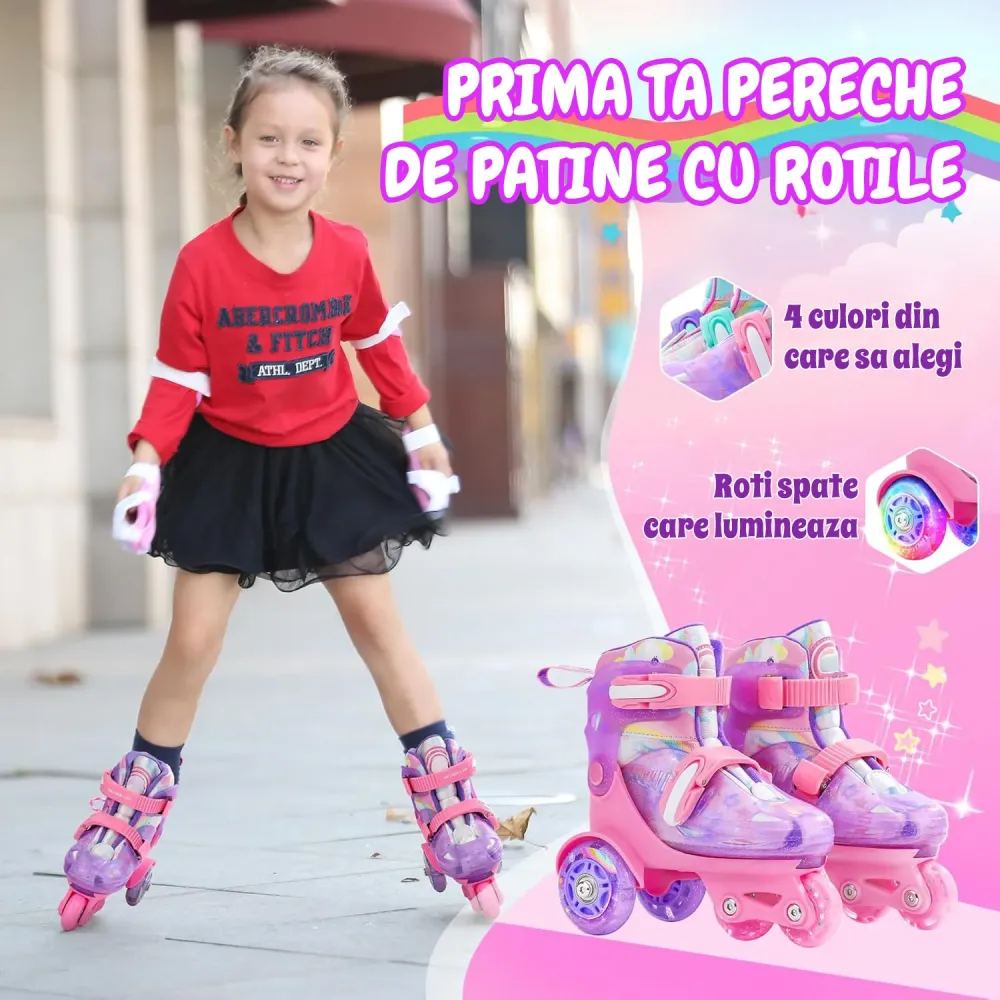Role Reglabile Elindor® pentru Copii, Fete si Baieti, 4 Roti cu Lumini, Platforma Triunghi, Ajutatoare pentru Incepatori,...