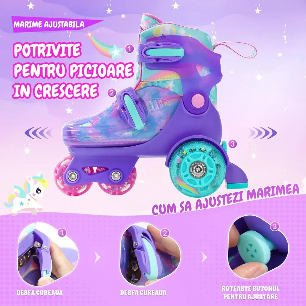 Role Reglabile Elindor® pentru Copii, Fete si Baieti, 4 Roti cu Lumini, Platforma Triunghi, Ajutatoare pentru Incepatori,...
