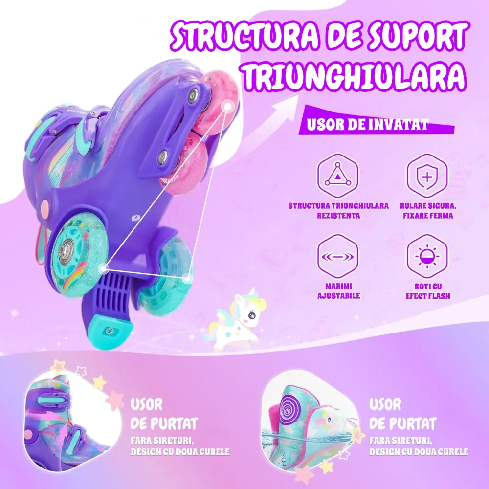 Role Reglabile Elindor® pentru Copii, Fete si Baieti, 4 Roti cu Lumini, Platforma Triunghi, Ajutatoare pentru Incepatori,...
