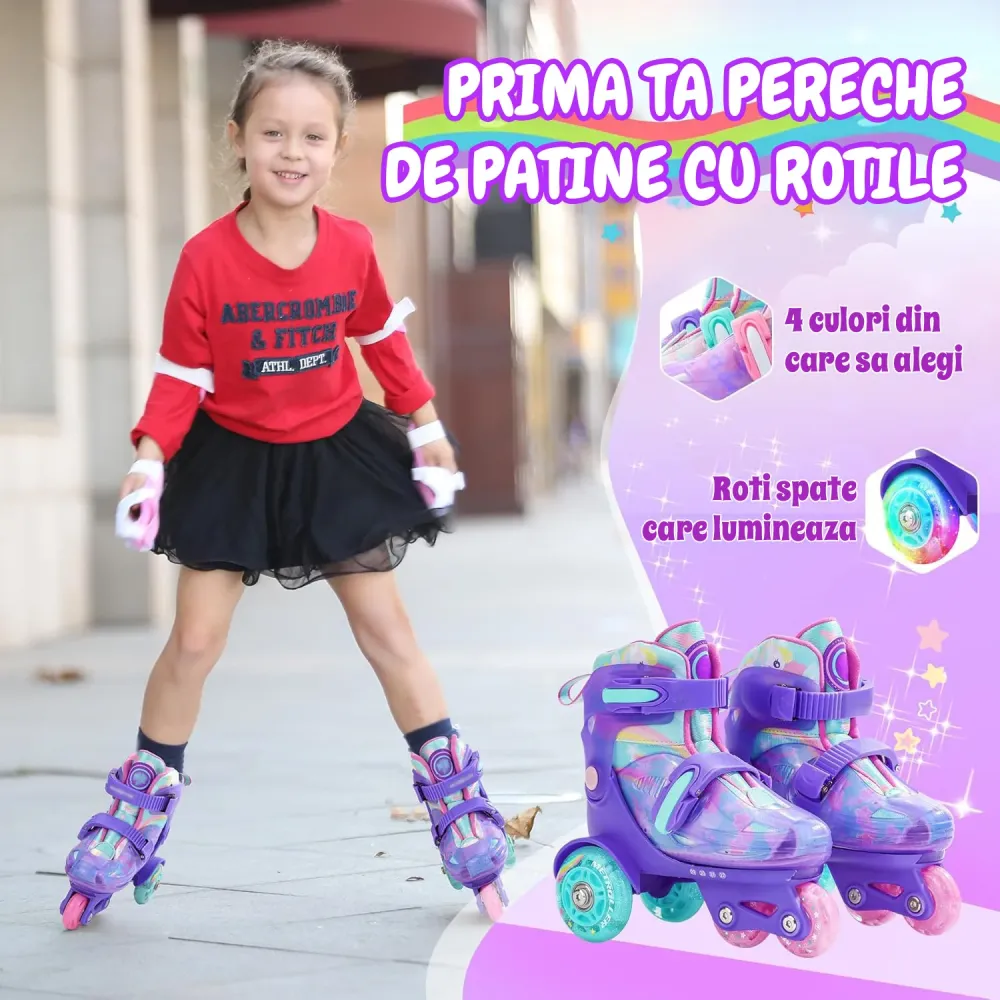 Role Reglabile Elindor® pentru Copii, Fete si Baieti, 4 Roti cu Lumini, Platforma Triunghi, Ajutatoare pentru Incepatori,...