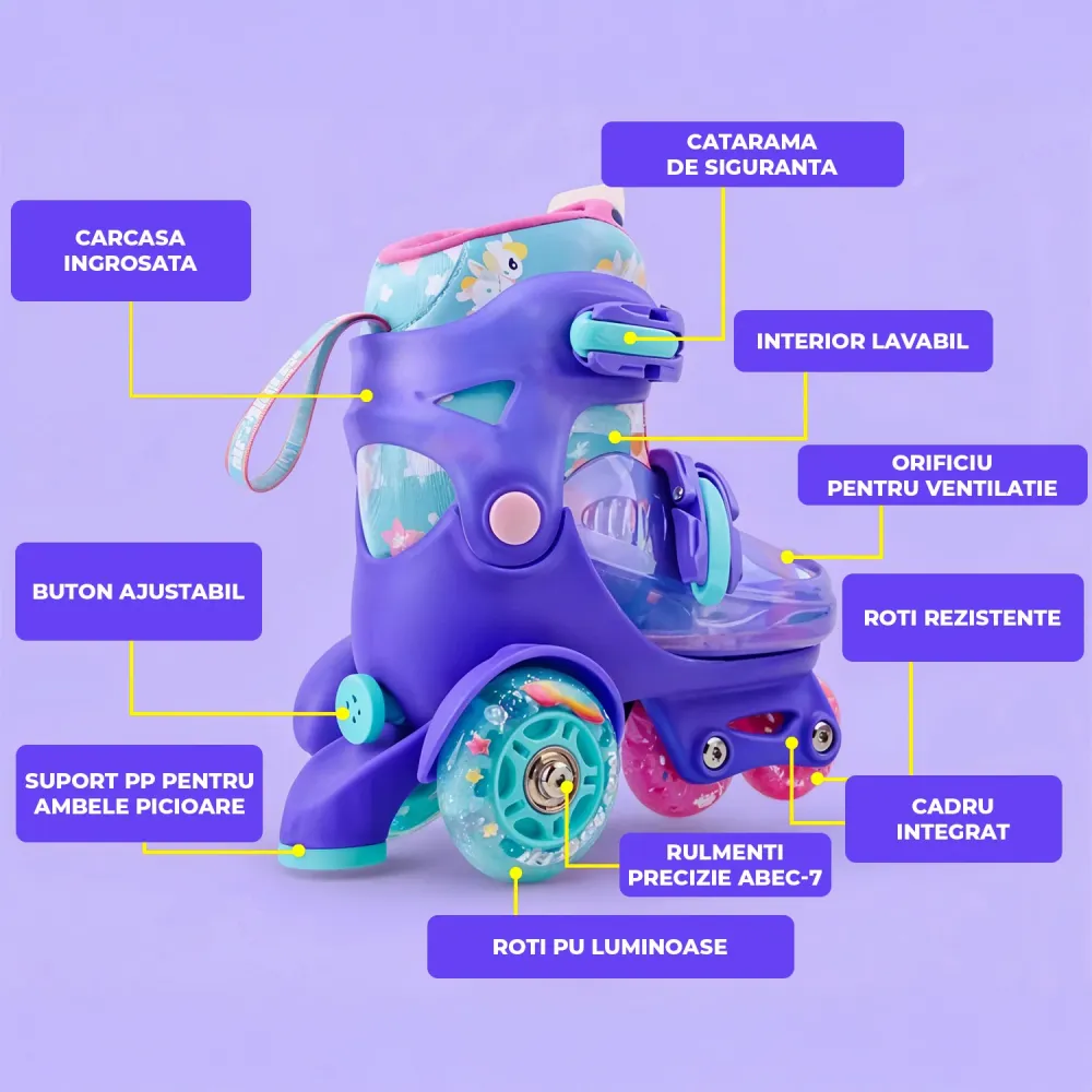 Role Reglabile Elindor® pentru Copii, Fete si Baieti, 4 Roti cu Lumini, Platforma Triunghi, Ajutatoare pentru Incepatori,...