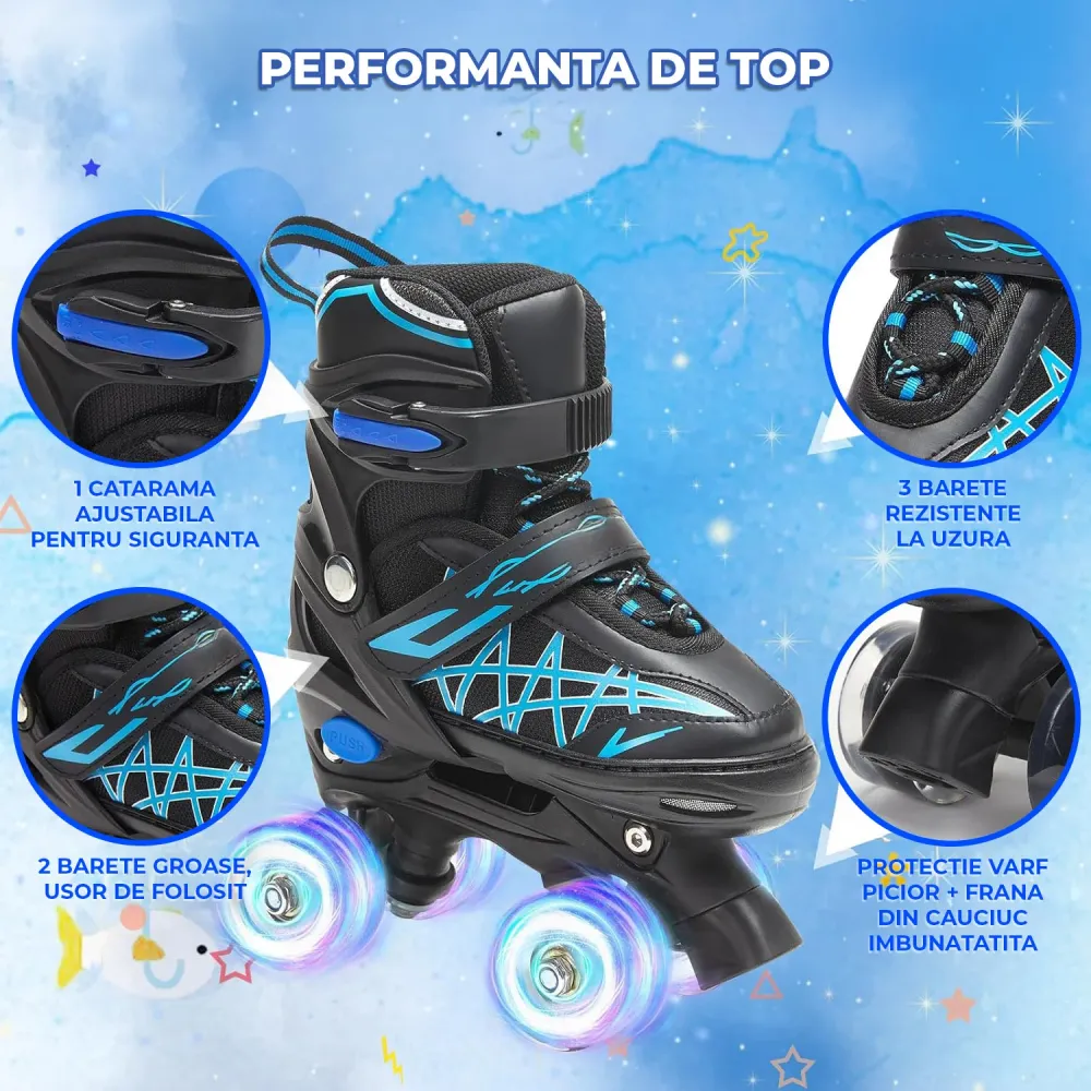 Role Reglabile Elindor® pentru Copii, Fete si Baieti, 4 Roti cu Lumini Quad, Ajutatoare, Rotile din Silicon, Rulmenti ABEC...